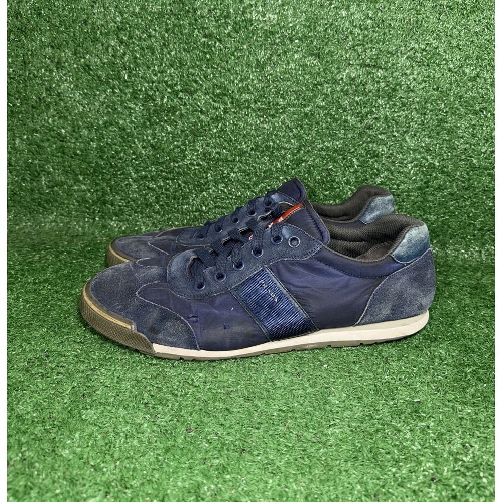 PRADA Mens Size 13 US Suede Leather Nylon Shoes Navy Red Stripe‎ Luxury Sneakers - Picture 4 of 14
